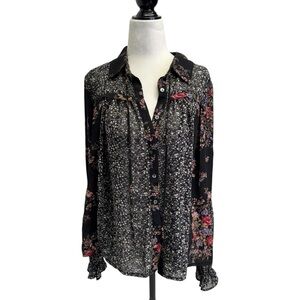 She + Sky Floral Black Button Up Blouse Size L